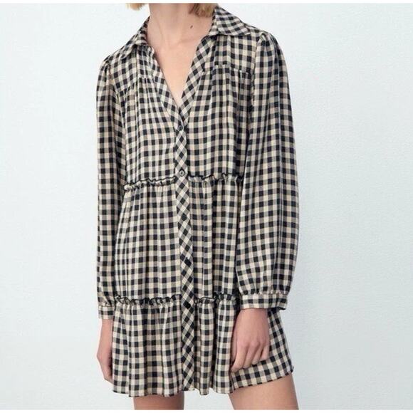 Zara Dresses & Skirts - Zara Gingham Plaid Button Front Tier‎ Layered Mini Dress Black Size XS
